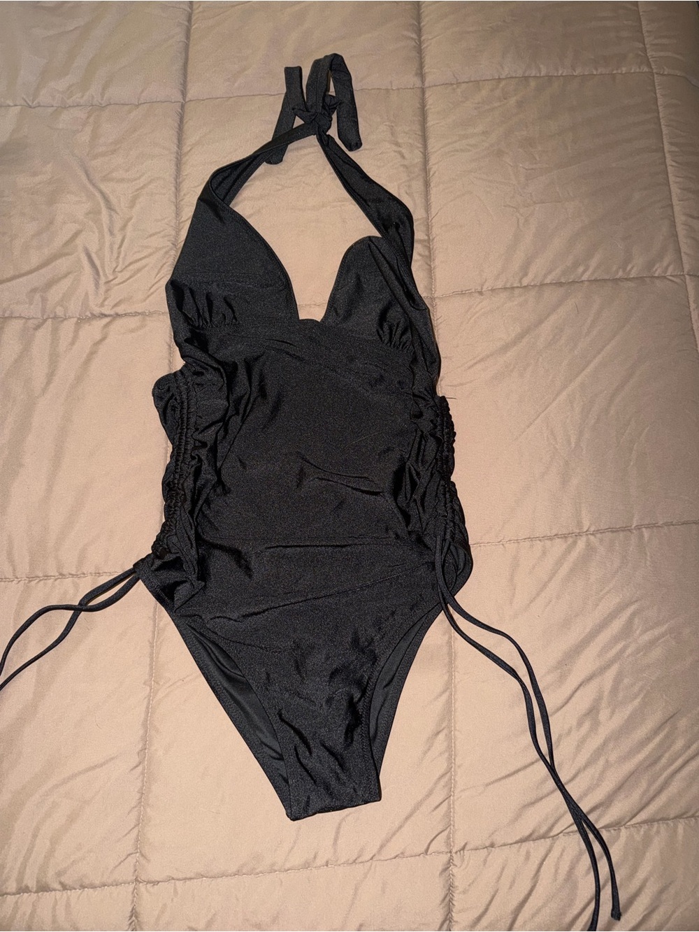 Fashion Nova - Lorraine V Neck 1 Piece Swimsuit - Halter Style Black